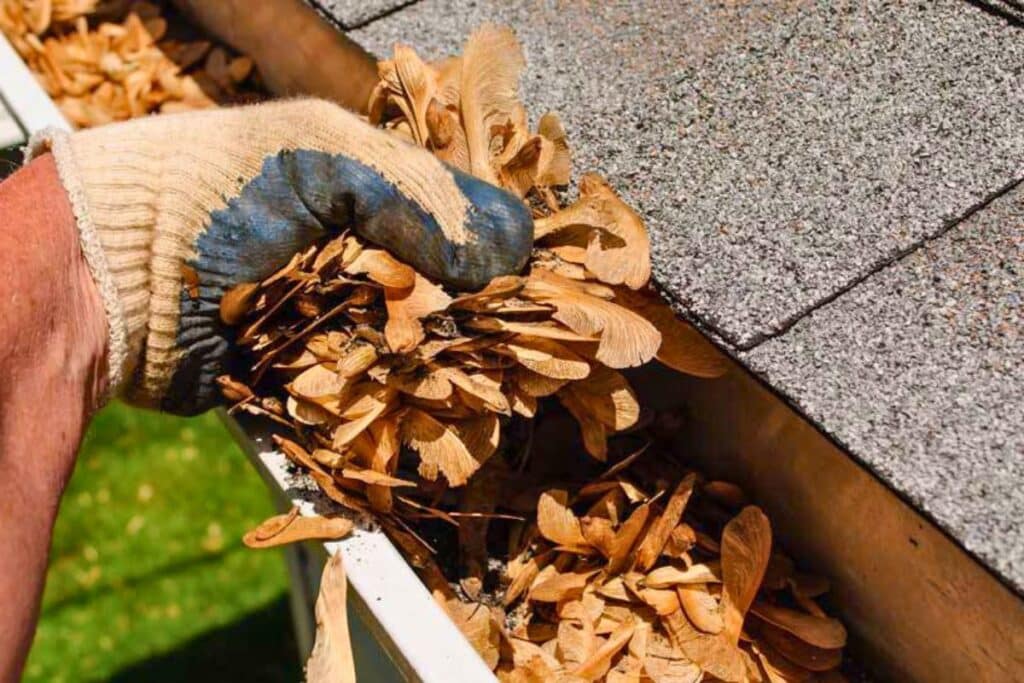clogged gutters filled with leaves and debris causing water flow blockage